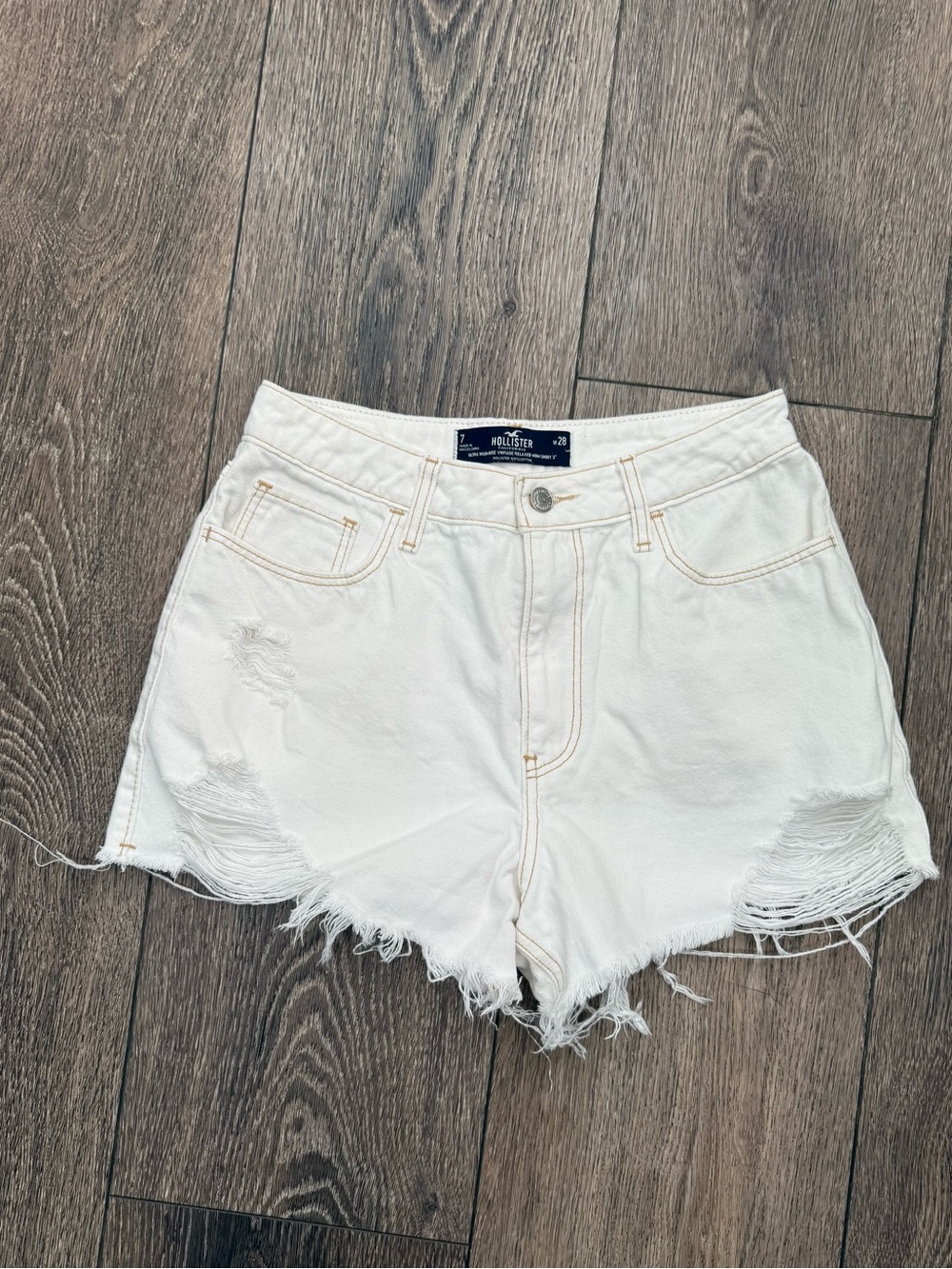 Hollister White Distressed Frayed Hem Denim Shorts